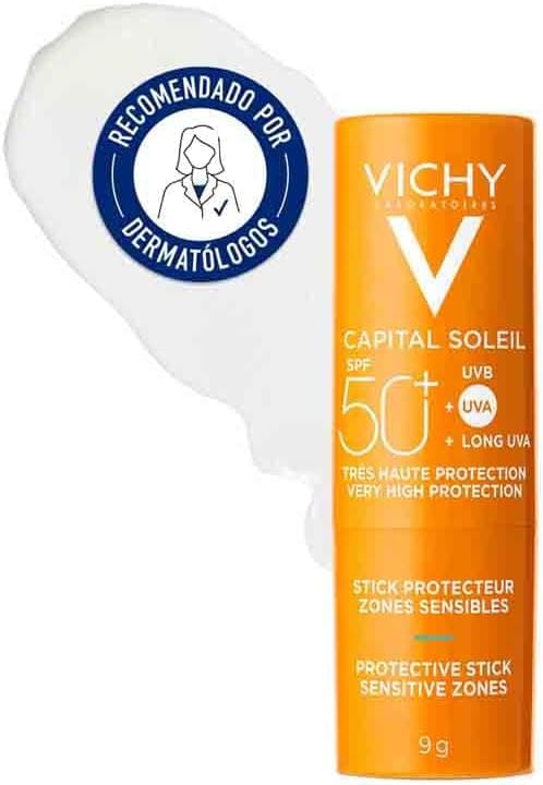 Vichy Stick Zonas sensíveis, SPF50+, para áreas sensíveis, proteção solar de alto espectro contra raios UVA/UVB, com água termal, resistente à água, capacidade solar, 9 g 