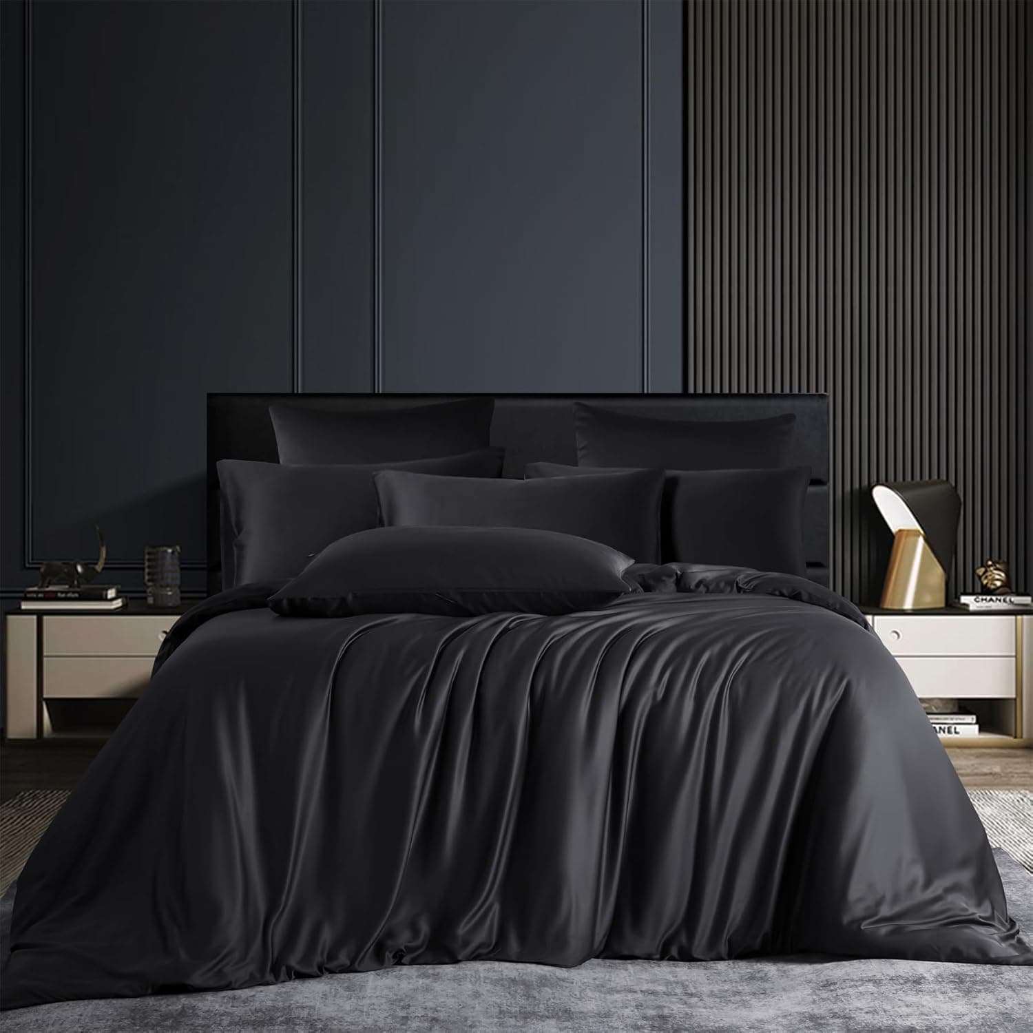 Gezu Roupa de cama em bambu de 135 x 200 cm, cor preta, roupa de cama lisa de verão, fibra de bambu, respirável e fresca, capa de edredão macia para cama de solteiro com fecho de correr e 1 capa