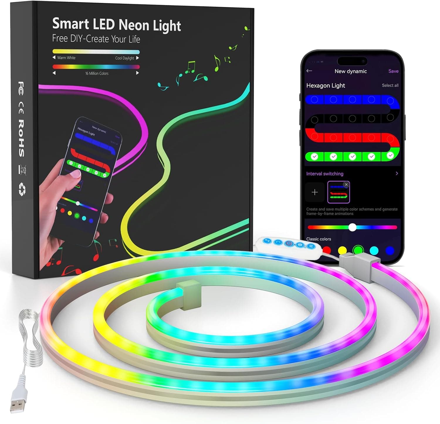 Luzes LED néon 1 m - faixa LED néon RGB flexível, silicone DIY com controlo por aplicação, néon Strip luz decorativa para quarto, bar, sala de jogos, Natal e festas (1 m)