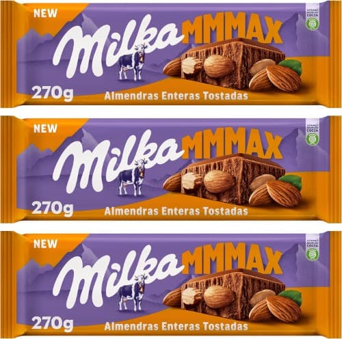 Milka MMMAX Tablete grande de chocolate com leite dos alpes com amêndoas inteiras torradas 270 g x 3