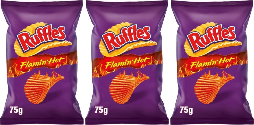 Ruffles Flamin Hot, Snack de batata picante com corte ondulado, saco individual de aperitivo, 75 g x 3