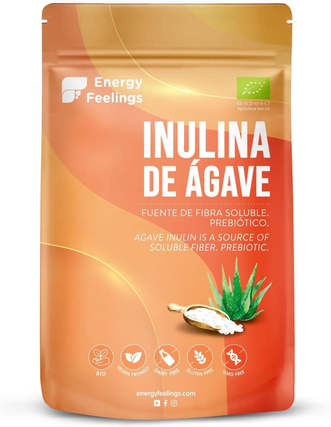 Energy Feelings Inulina em pó bio de ágave, inulina pura vegetal prébiótico, fibra dietética, sem açúcar, sem glúten, vegana, cor branca, 200 g