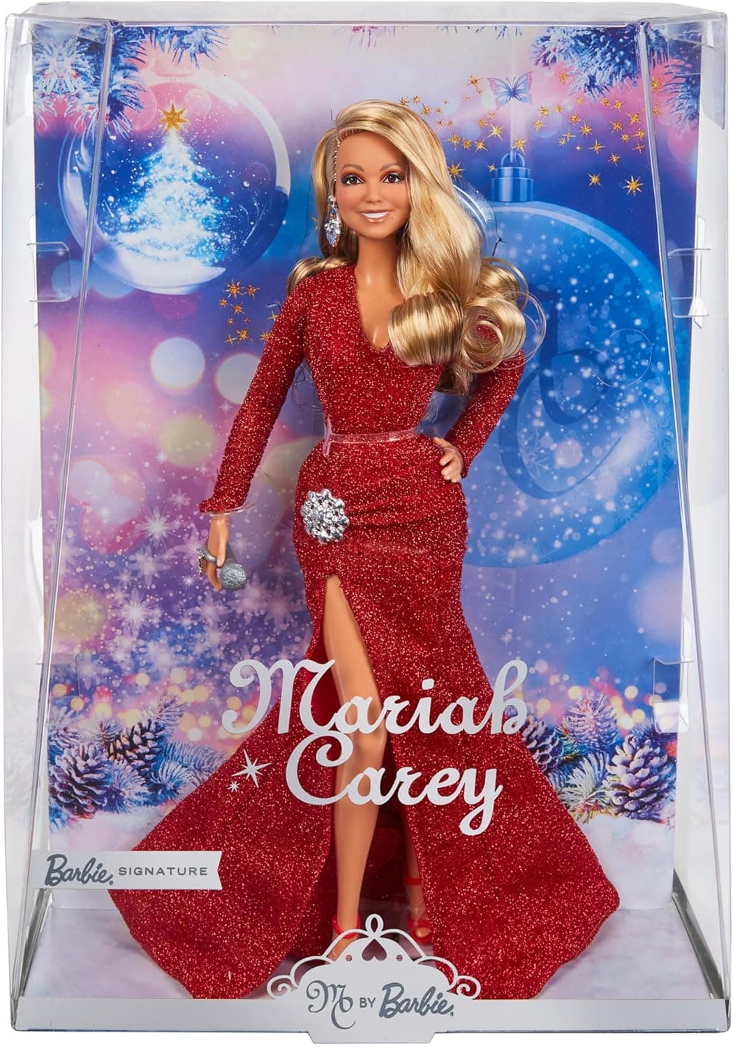 Barbie Mariah Carey Boneca de celebração de Natal, vestido vermelho brilhante e acessórios prateados, microfone, coleção de assinatura para adultos e meninas e meninos, HJX17