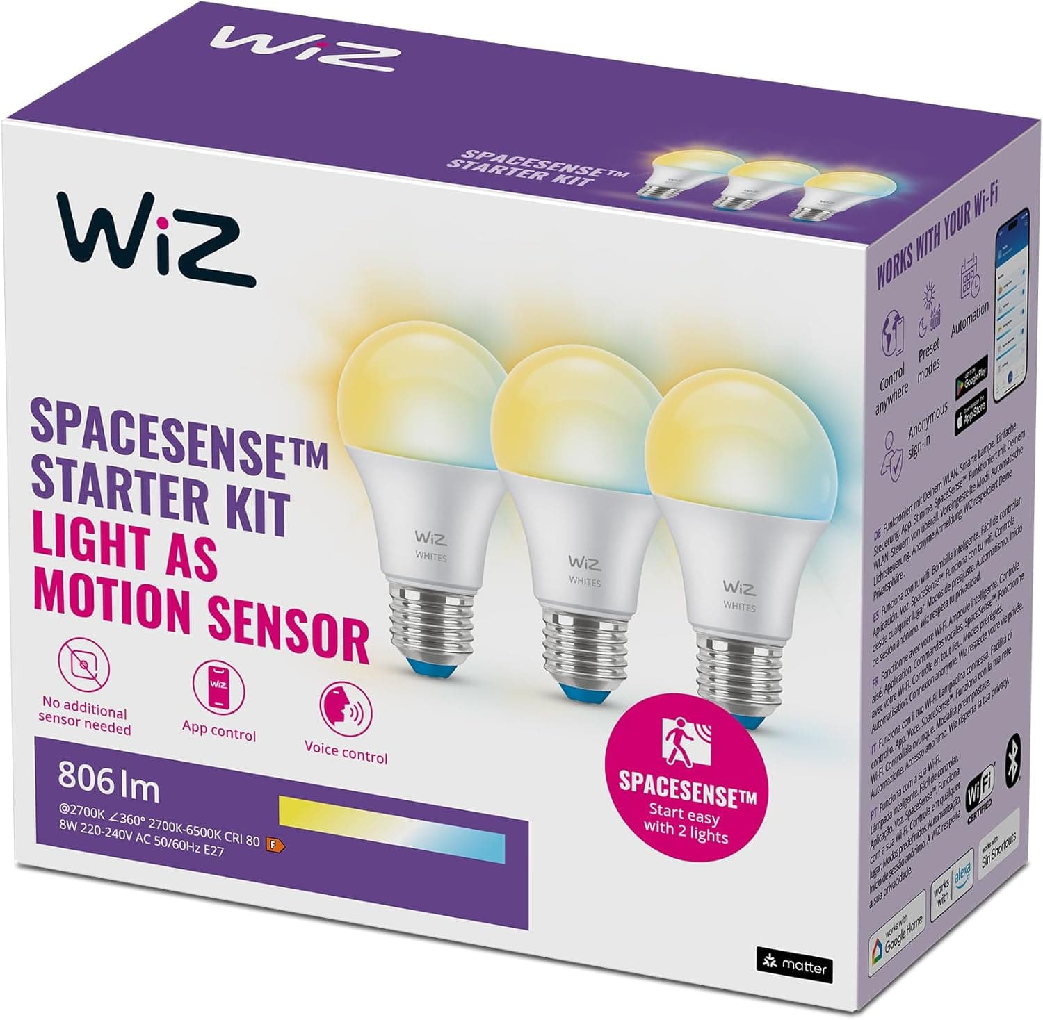 WiZ - Lâmpada LED inteligente, casquilho E27 8W (Eq.60) 806 lúmen, luz branca quente a fria regulável, compatível com Alexa, Google Home, tecnologia SpaceSense e Matter - conjunto de 3