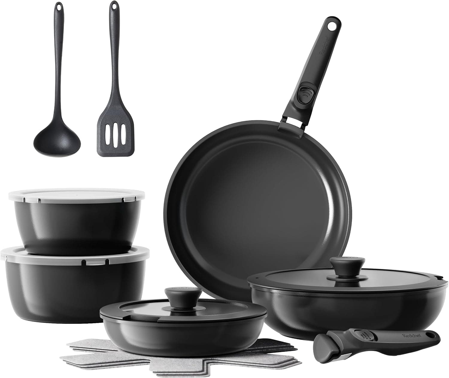 Redchef Conjunto de frigideiras de 16 peças com alças removíveis, conjunto de utensílios de cozinha de cerâmica antiaderente, frigideira de 20/26 cm, frigideira profunda de 26 cm, panela de 18/20 cm