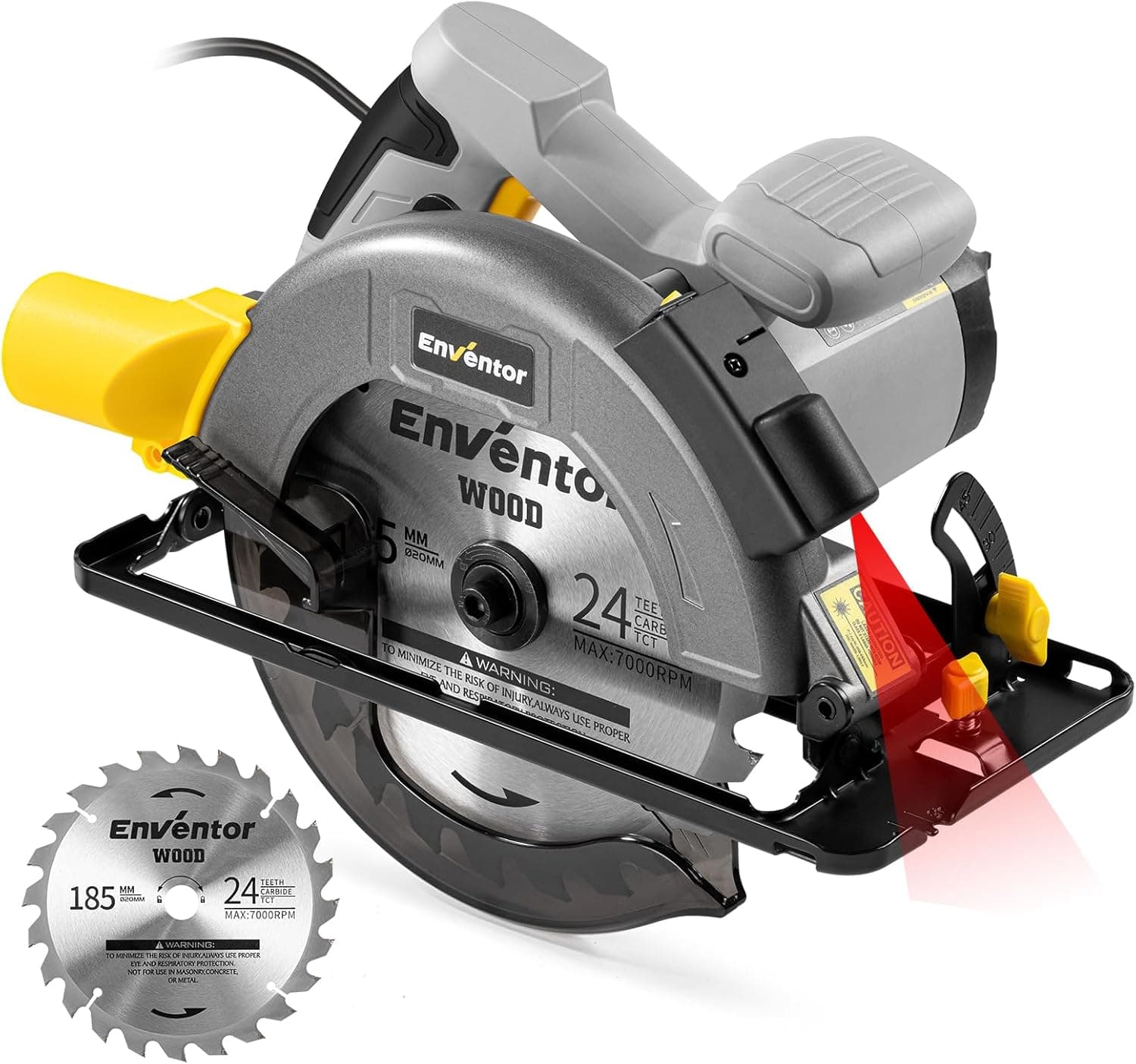 ENVENTOR 1400 W Serra circular com guia, serra circular manual 6000 RPM, profundidade de corte 62 mm (90 °), 48 mm (45°), lâmina de serra de 185 mm (24 T), motor de cobre puro, ideal para cortar