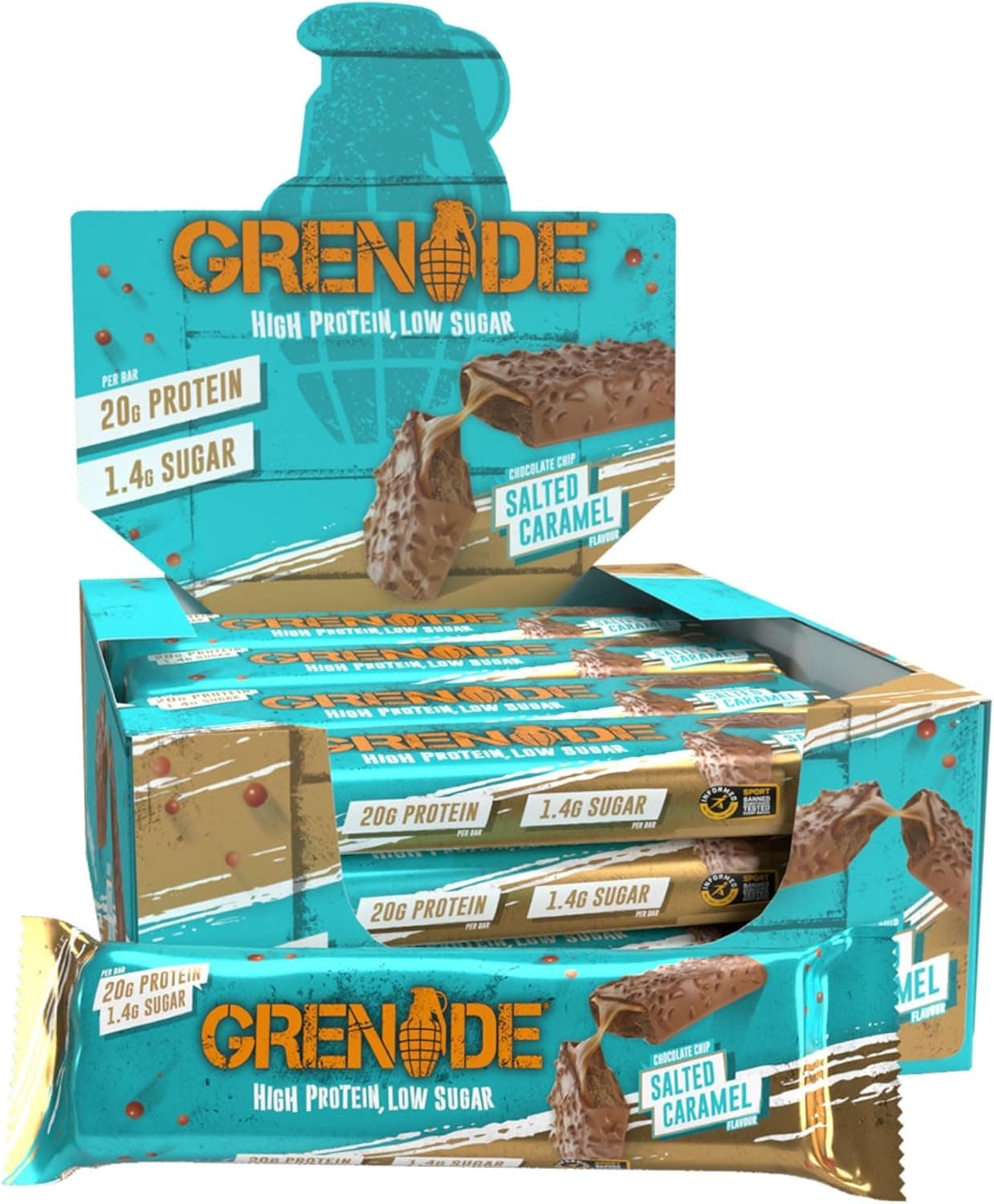 Grenade High Protein and Low Carb barra sabor - chocolate chip saltado caramel, 12 x 60 g