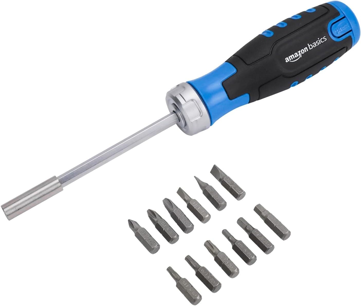 Amazon Basics Chave de fenda com catraca, magnética, 12 unidades, embalagem de 1, prateado, azul, preto
