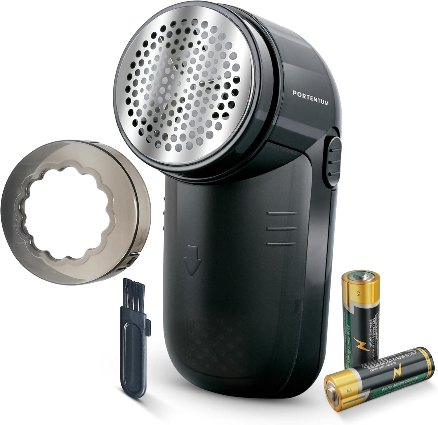PORTENTUM Removedor de borbotos elétrico - removedor de películas para roupas, lâminas de aço inoxidável. Recipiente de pelúcia removível. Pilhas incluídas. Acessórios: Escova para limpeza