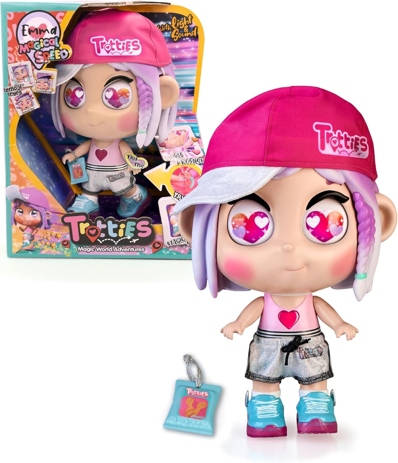 Trotties - Emma Luzes mágicas, boneca de cabelo roxo de Nova Iorque, possui sapatilhas com luzes coloridas e som, Emoji Eyes, 3 anos, famosa (TFT11000)