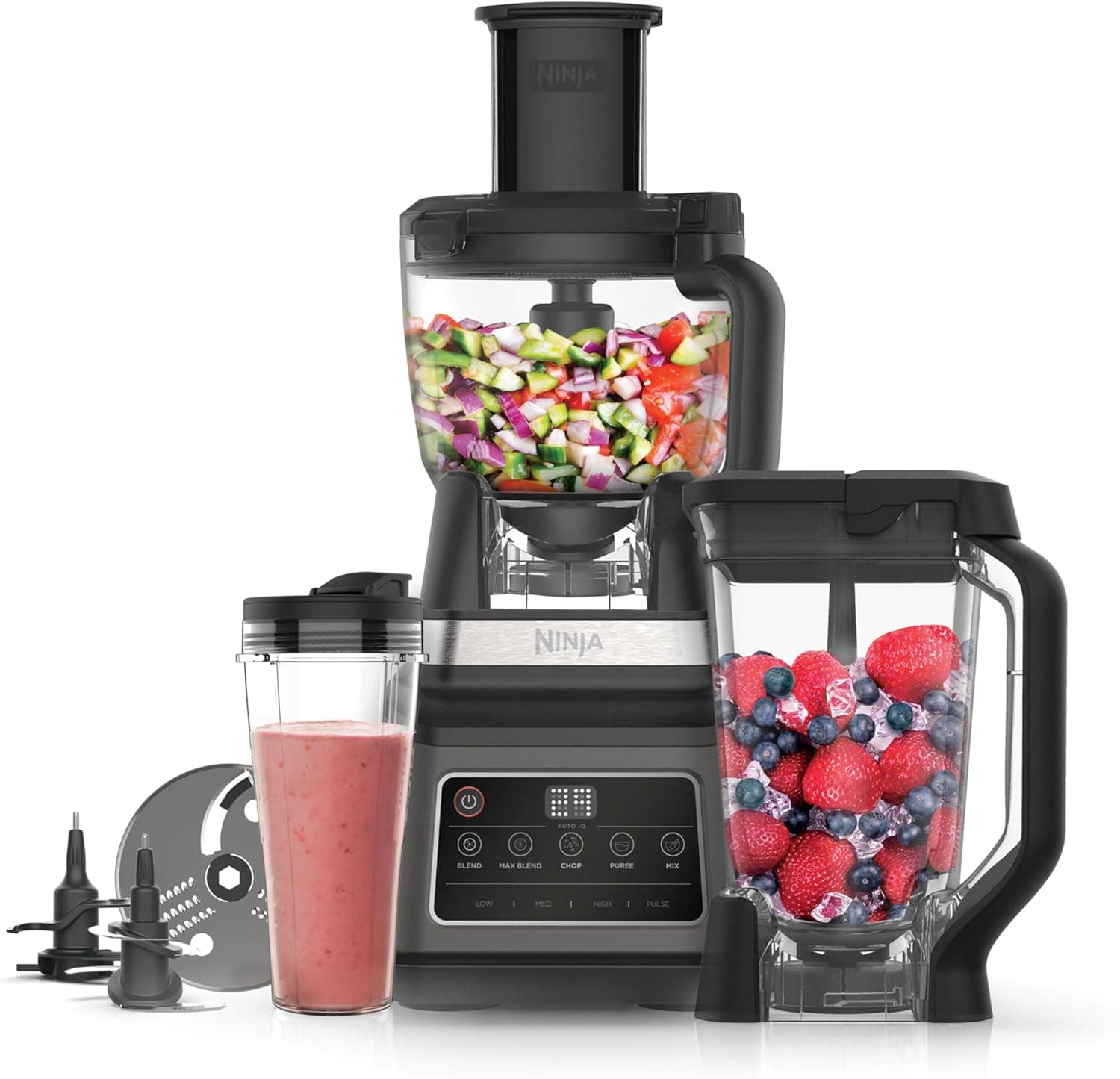 Ninja Processador de alimentos 3 em 1, 1200 W, batedeira multifuncional, 5 programas automáticos, tigela 1,8 l, jarro 2,1 l, copo 700 ml, tecnologia Auto-iQ, peças aptas para máquina de lavar louça,