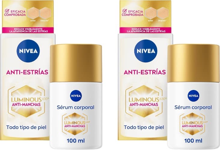 NIVEA Luminous 630 Sérum tratamento avançado corporal anti-estrias, óleo corporal para um tom de pele uniforme, creme hidratante corporal com 48 h de hidratação, 100 ml x 2