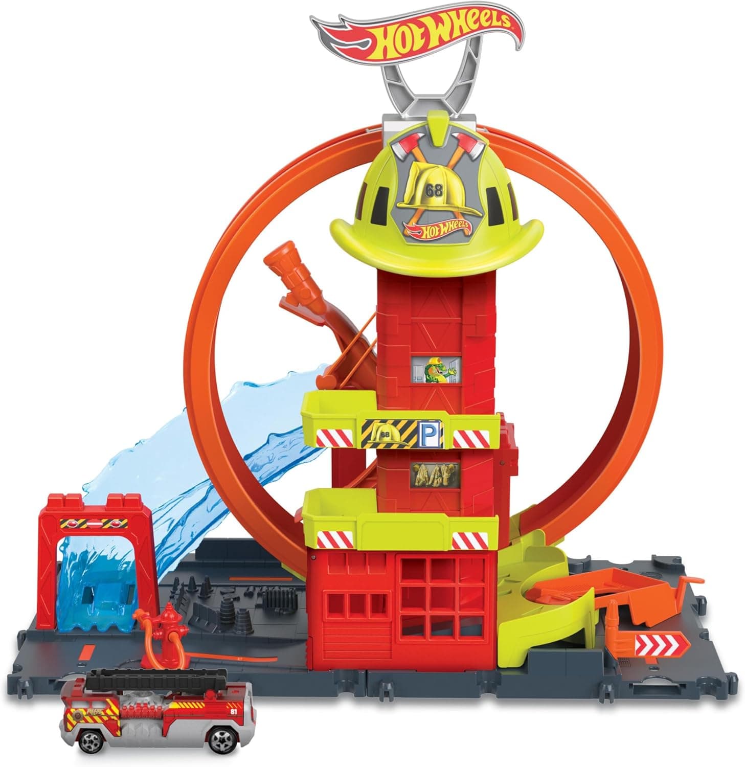 Hot Wheels City Super Bombeiros pista para carros de brinquedo, inclui 1 veículo, + 4 anos (Mattel HKX41)