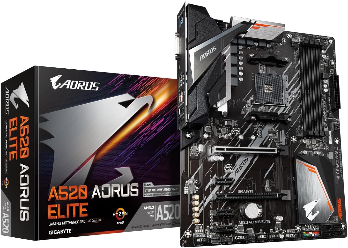 GIGABYTE Placa mãe A520 AORUS ELITE - compatível com processadores AMD Ryzen série 5000 AM4, VRM digital puro de 5 +3 fases, até 4733 MHz DDR4 (OC), PCIe 3,0 x 4 M.2, LAN GbE, USB 3.2 Gen. 2