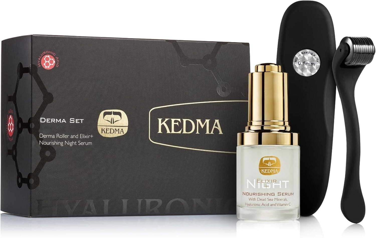 Kedma Derma Set | Dermaroller com microagulhas e sérum noturno com ácido hialurónico e vitamina C para firmeza e luminosidade da pele
