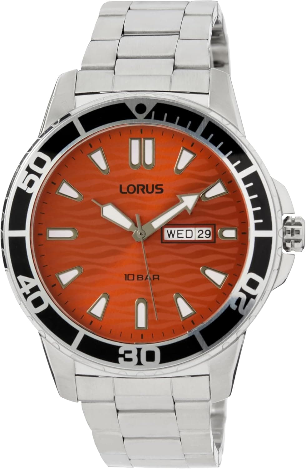 Lorus RH361AX9 Relógio analógico para homens, 42mm, com mostrador laranja / pulseira de aço inoxidável