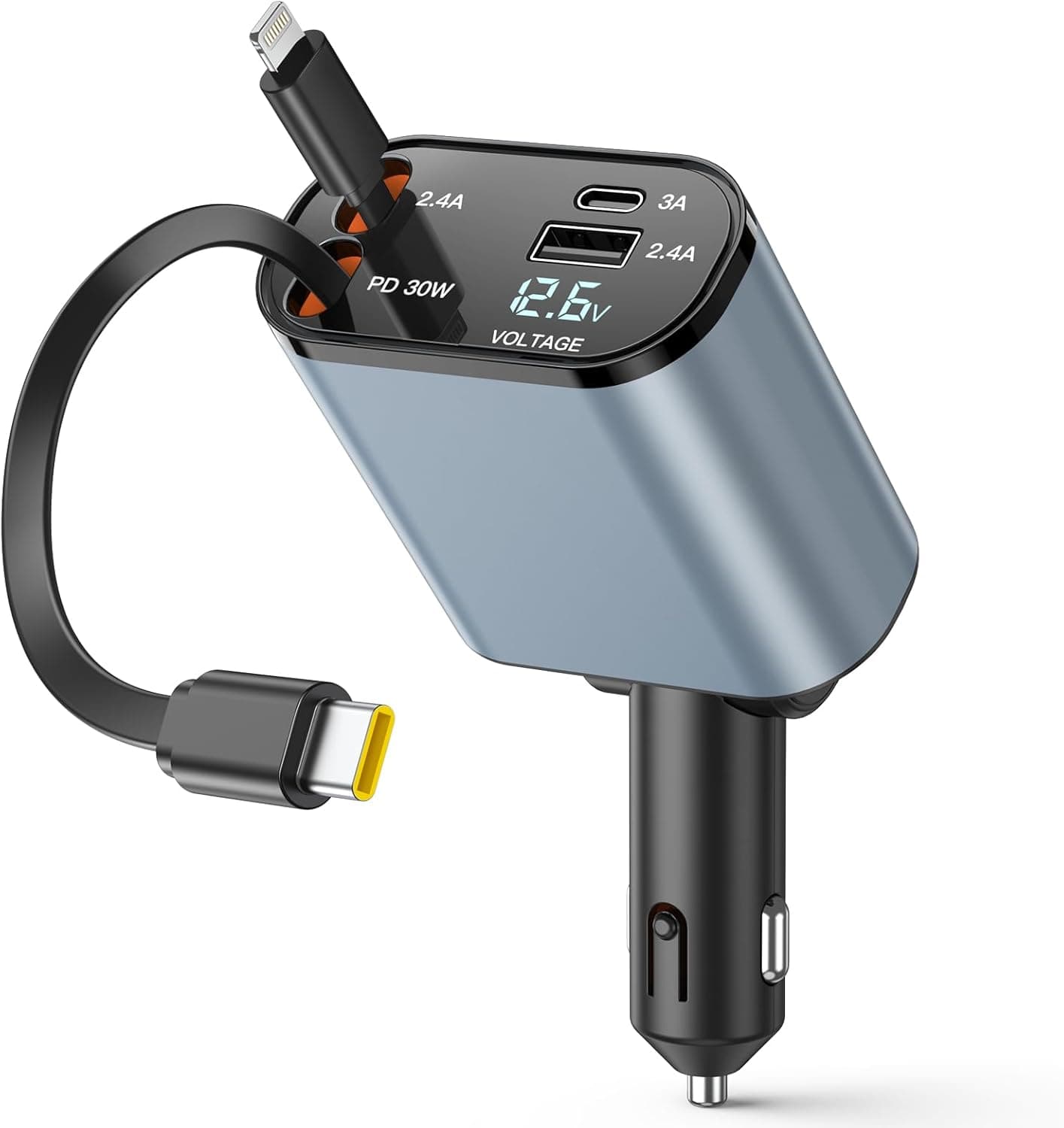 Retrátil carregador de carro carregamento rápido 69 W, adaptador 4 em 1 2 cabos removíveis carregamento rápido USB C, adaptador - isqueiro carro com ecrã de tensão compatível com iPhone Samsung