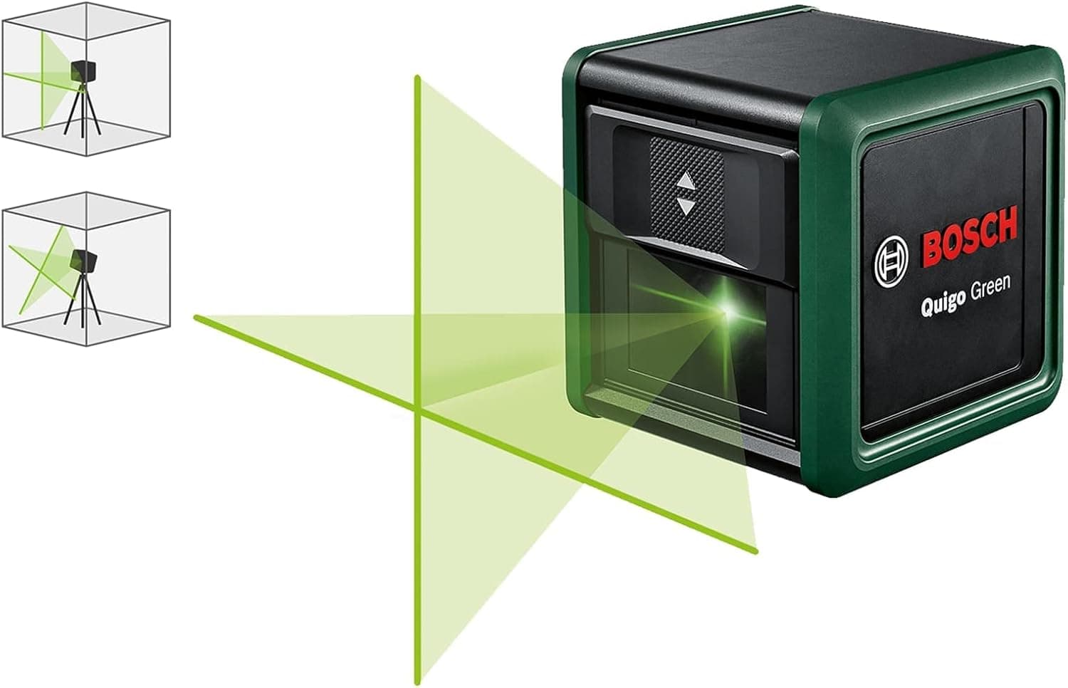 Bosch Nível laser de linhas cruzadas Quigo verde com pinça universal MM 2 (laser verde para melhor visibilidade, invólucro de plástico reciclado)