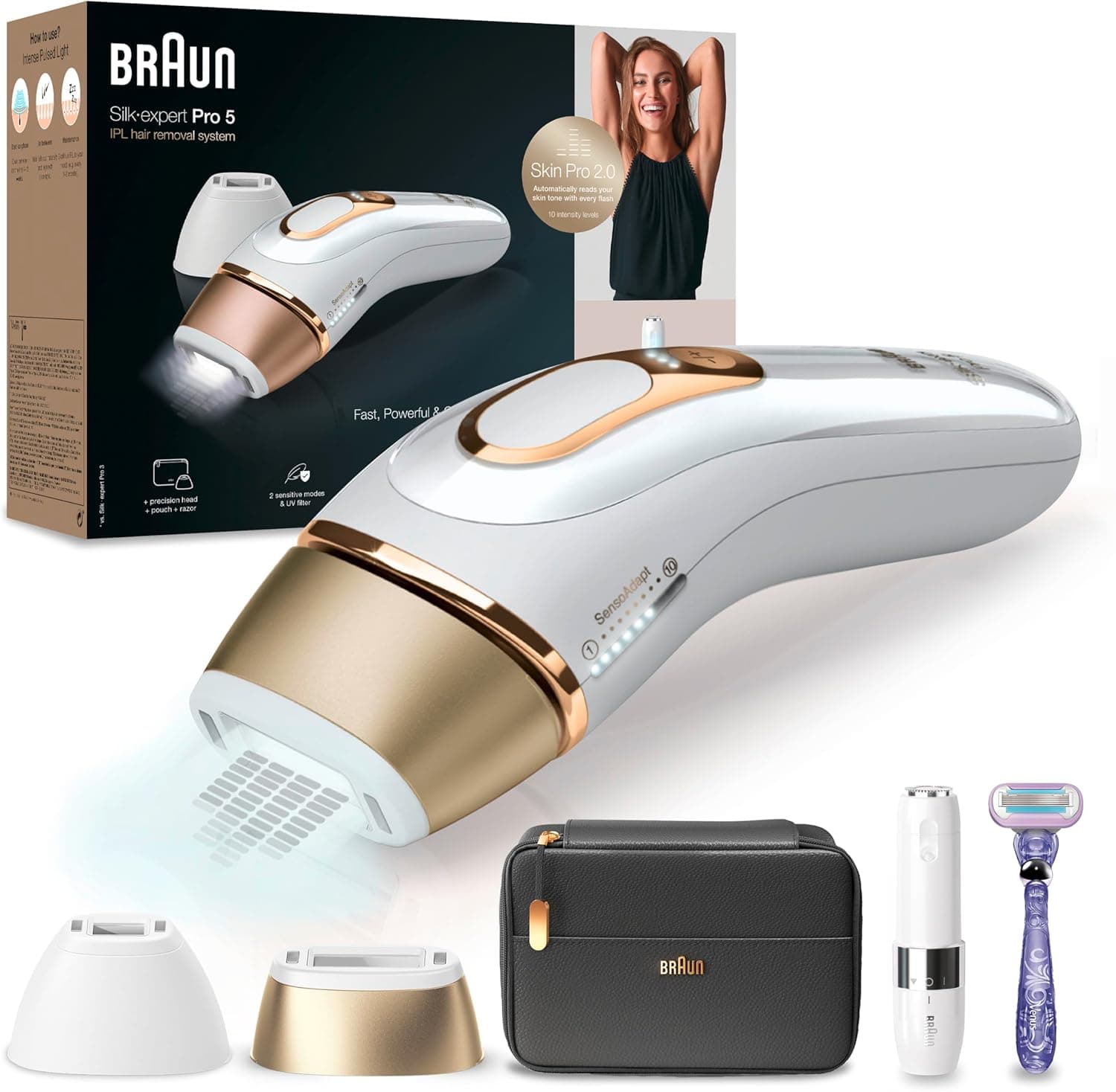 Braun Silk-expert Pro 5 Depiladora mulher / homem luz de pressão IPL, cabeça de precisão larga e máquina de barbear Vénus, alternativa à remoção a laser em casa, PL 5149, branco/dourado