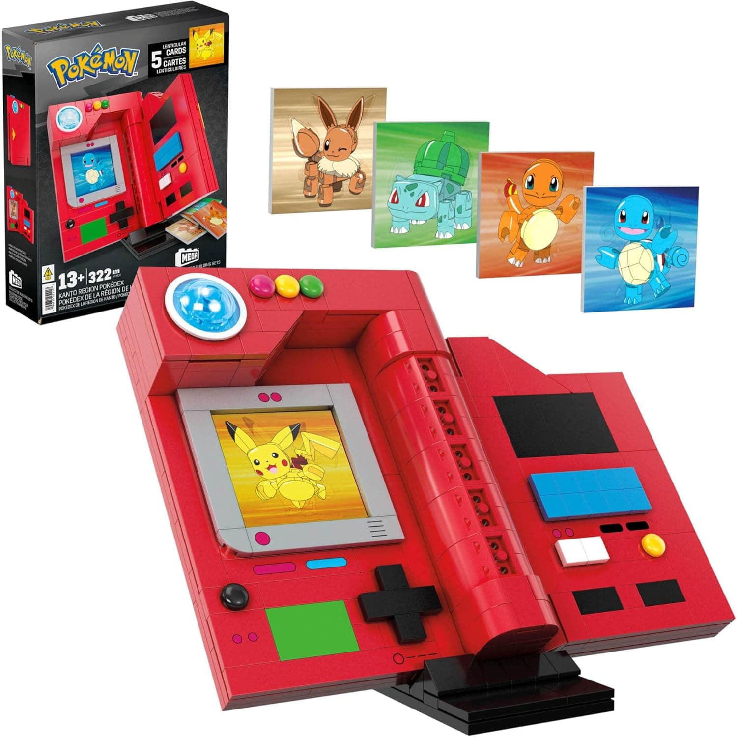MEGA Pokémon Brinquedo de construção para adultos, Pokédex da região de Kanto construível com 322 peças, efeito de luz e cartas, para colecionadores, HYM37