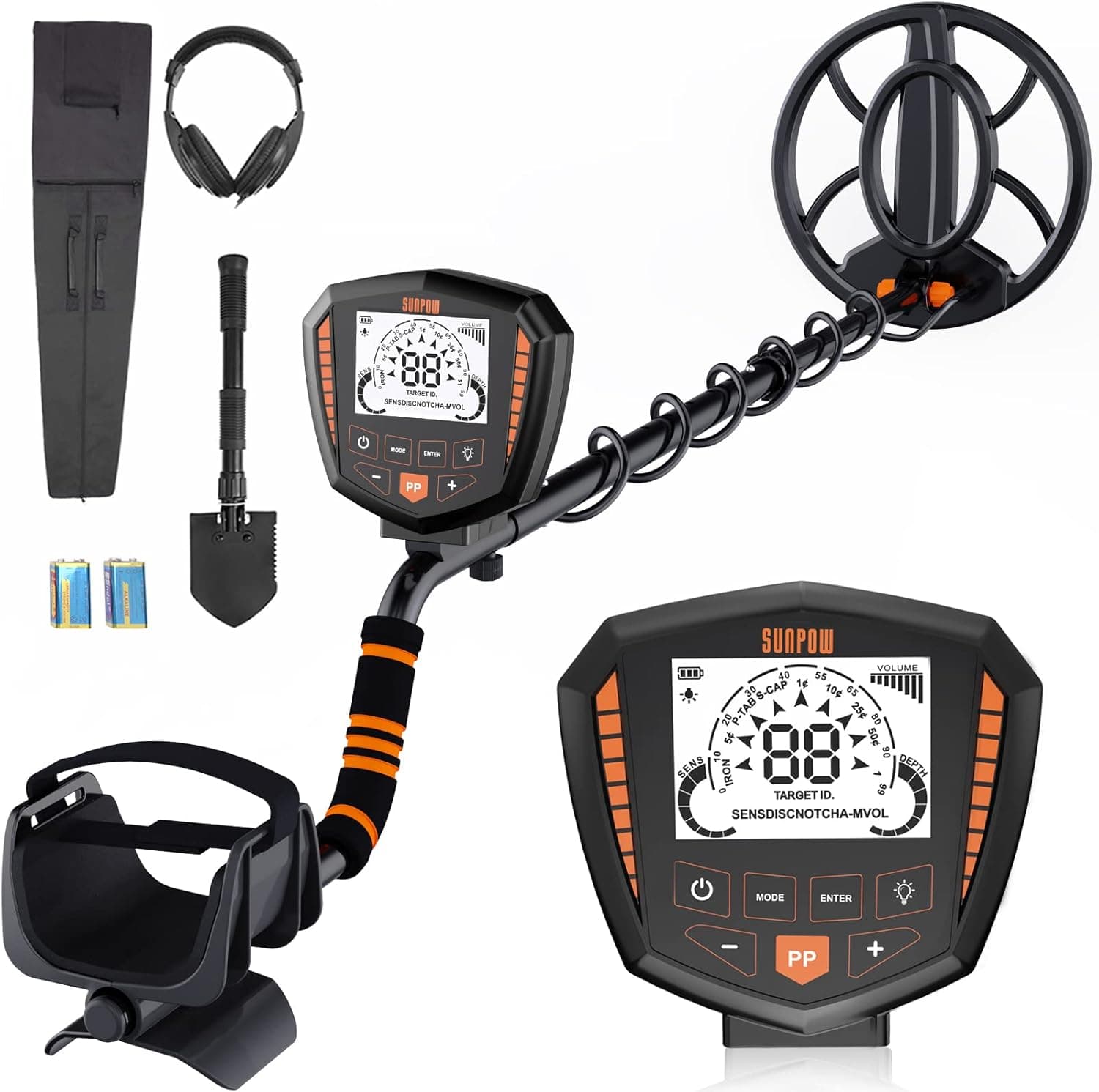 SUNPOW Detector de metais, identifica 9 tipos de metais, alta precisão, 10 polegadas de profundidade de detecção, 5 modos, forte anti-interferência, adequado para adultos. (OTMD07)