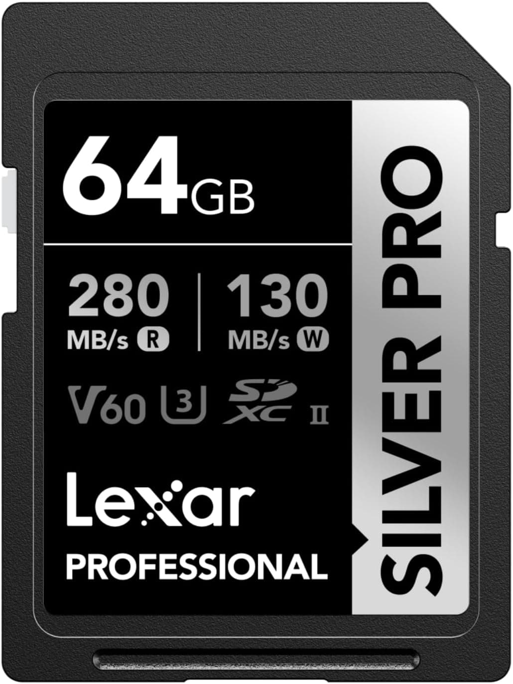 Lexar SILVER PRO Cartão SD de 64 GB, cartão de memória SD UHS-II, V60, U3, C10, leitura de até 280 MB/s, escrita de 130 MB/s, cartão SDXC para DSLR/câmara/fotógrafo/videógrafo (LSDSIPR064G-BNAA)