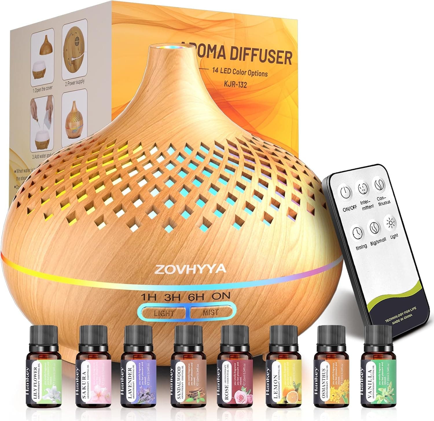 ZOVHYYA 500 ml difusor de aroma máquina de aromaterapia com 14 LED difusor de humidificador controlo remoto 4 temporizador 2 padrões de pulverização