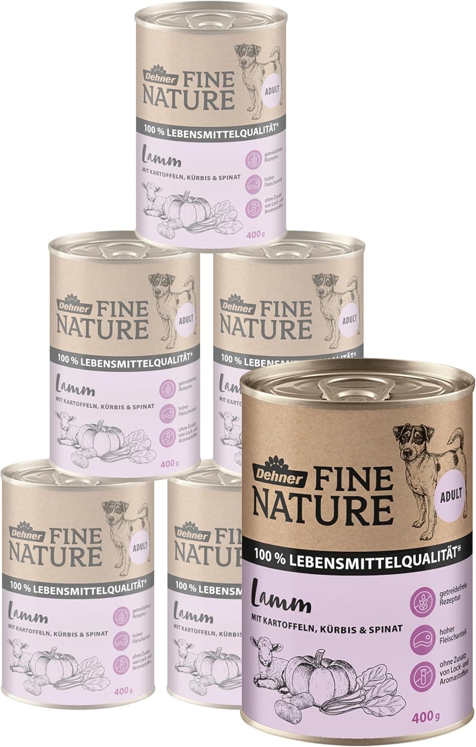 Dehner Fine Nature - Comida para cães adultos, qualidade alimentar, cordeiro, 6 x 400 g