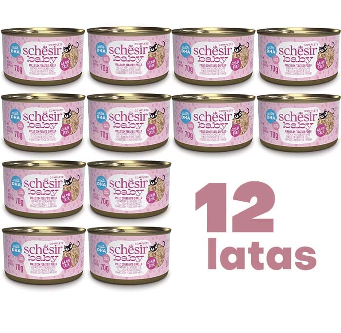 Schesir Baby, frango com fígado, comida húmida completa para gatinhos (12 latas X70 g