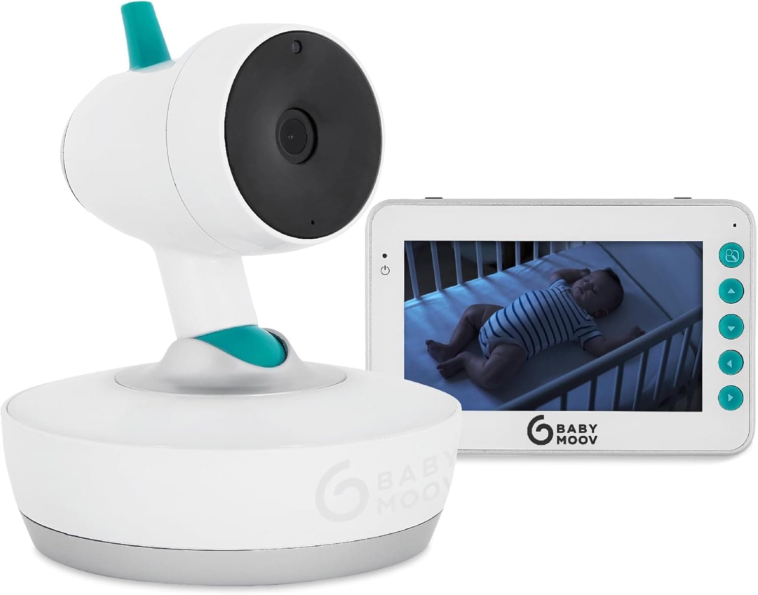 Babymoov YOO Moov Vigilador para bebé com câmara motorizada, ecrã LCD de 4,3", visão noturna, rotação de 360°, candeeiro e nanas, alcance 300 m
