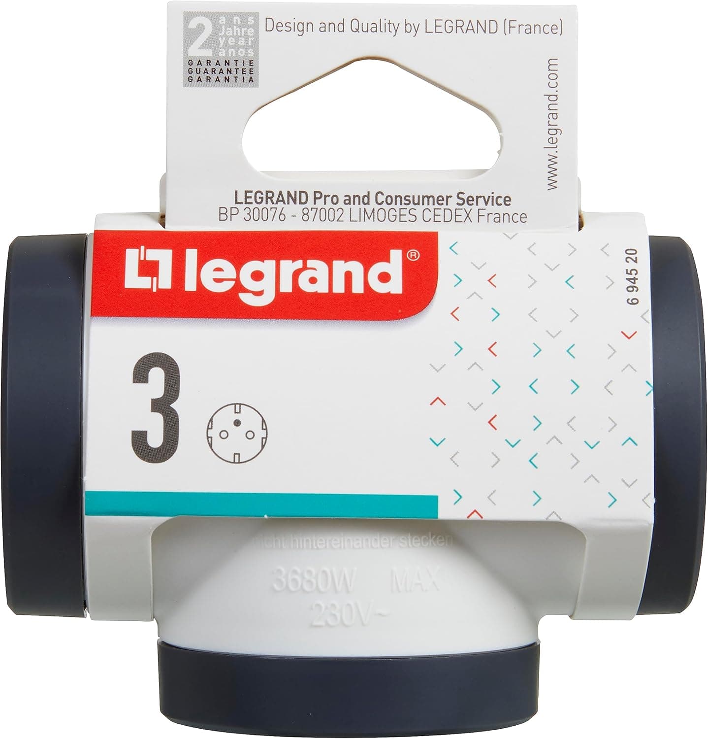Legrand 694520, Adaptadores 2P+T, 3 tomadas para tomadas / corrente laterais, latão de tomadas, cor branca/cinzento escuro