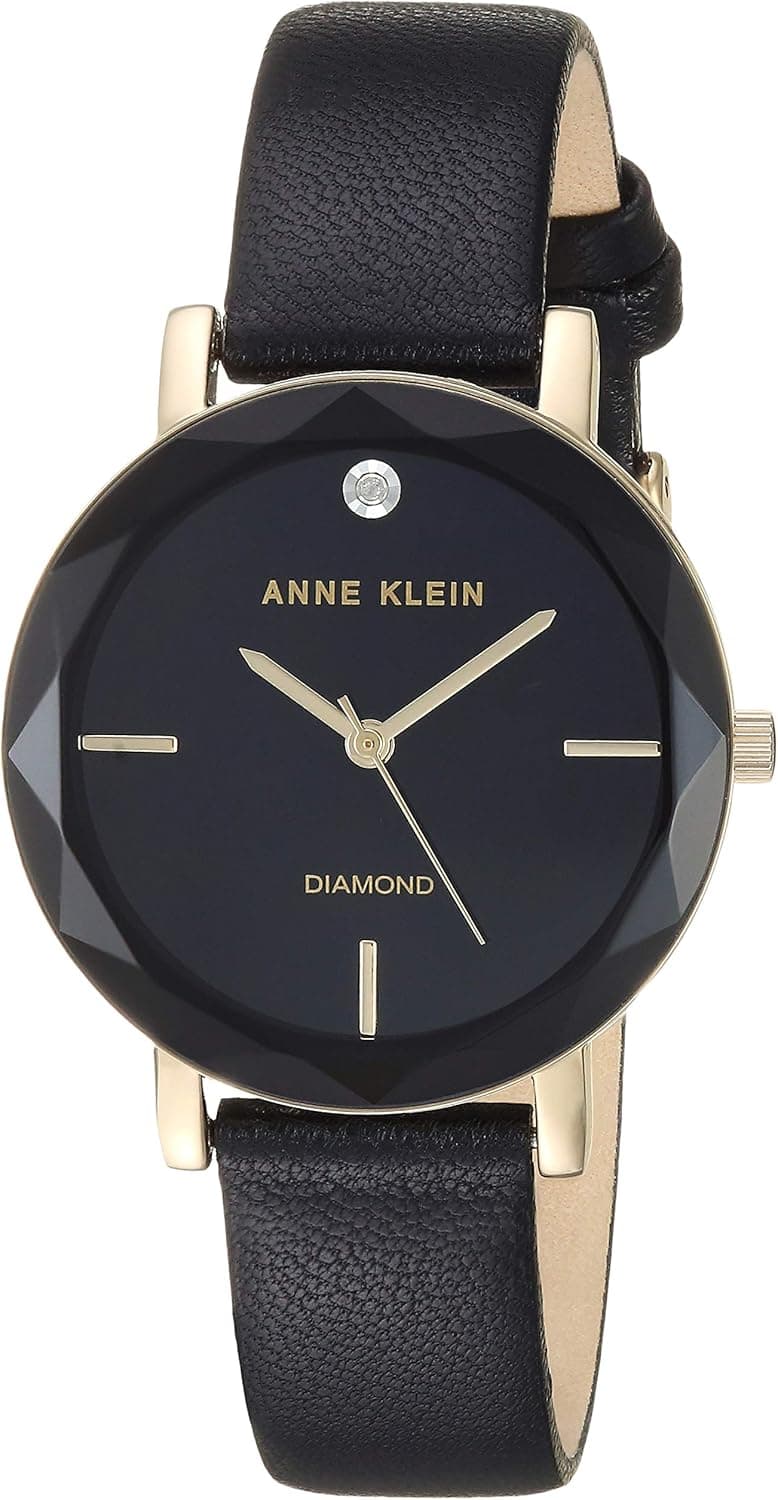 Anne Klein Relógio de correia de couro com mostrador de diamante genuíno para mulher