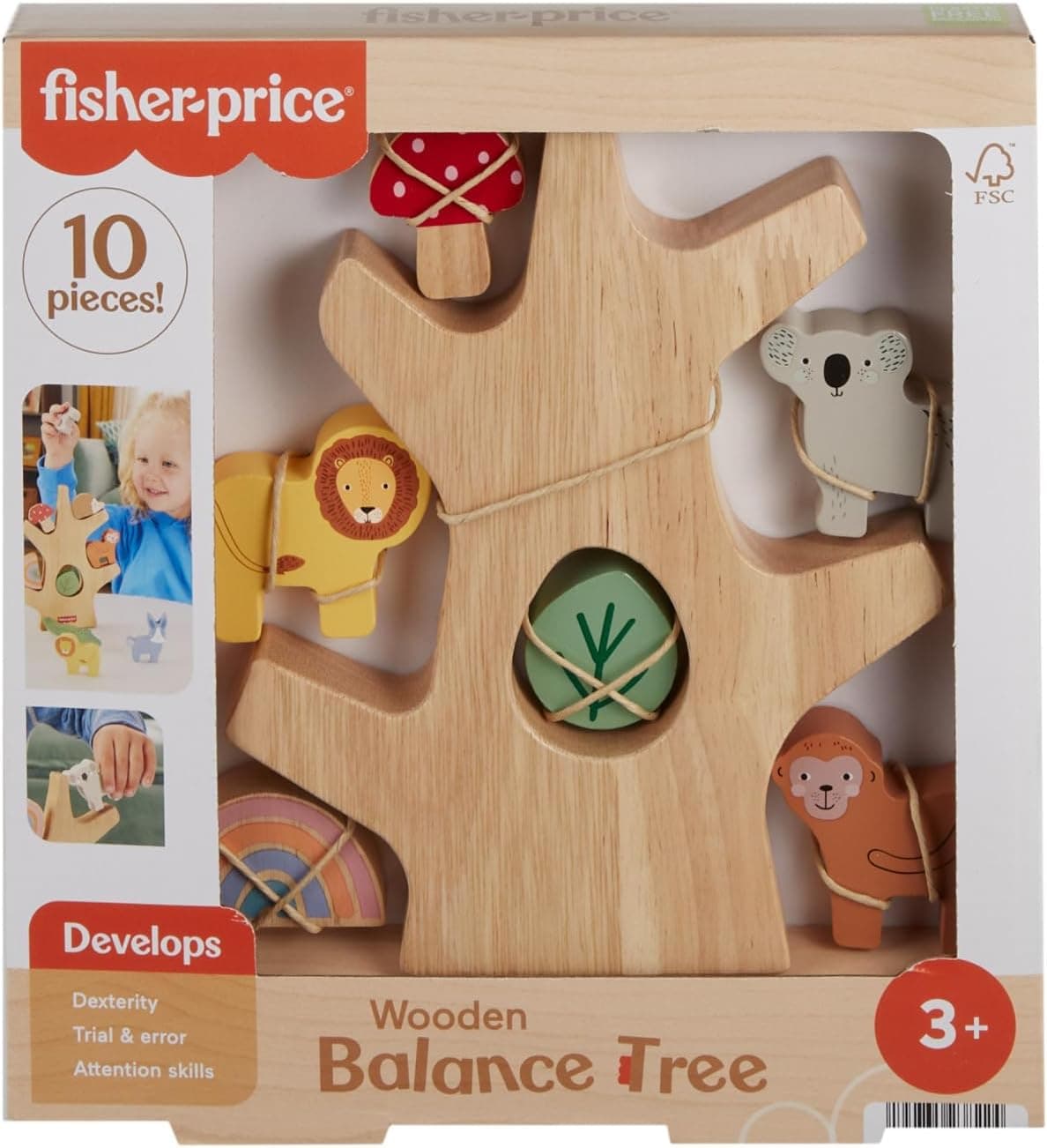 Fisher-Price Árvore com animais de madeira, brinquedo de equilíbrio com 10 peças fabricadas com material certificado Fsc, conjunto inspirado em Montessori + 3 anos (HXT87)