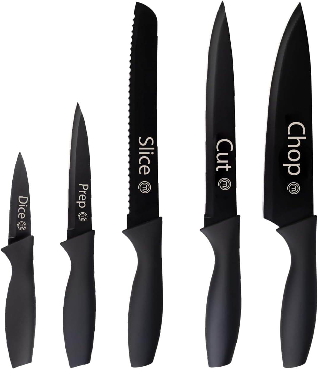 MasterChef Facas de cozinha, conjunto faca de chef (carne, serra por pão, legumes e peixes), coleção de aço inoxidável com alças suaves ao toque, multifuncional, 5 peças, preto