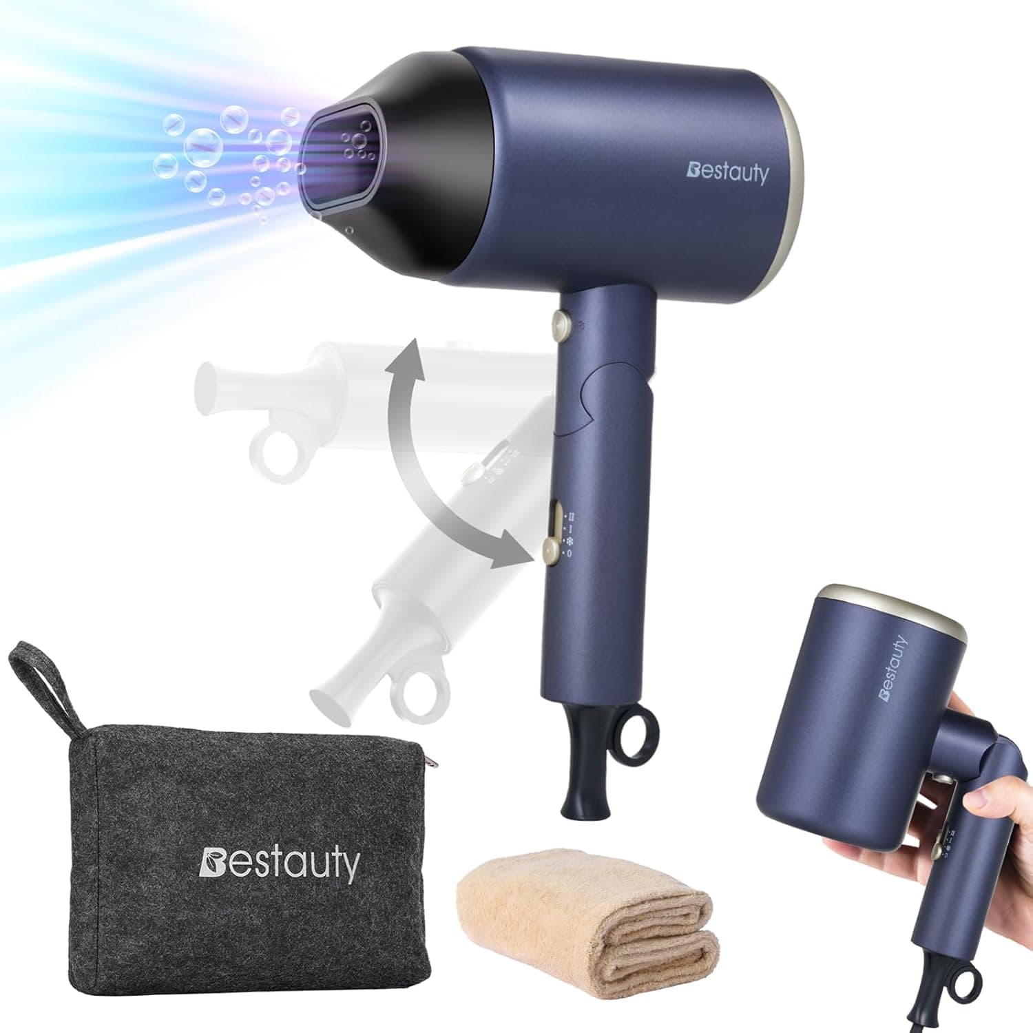 Bestauty Secador de cabelo de viagem de 2000 W, dobrável