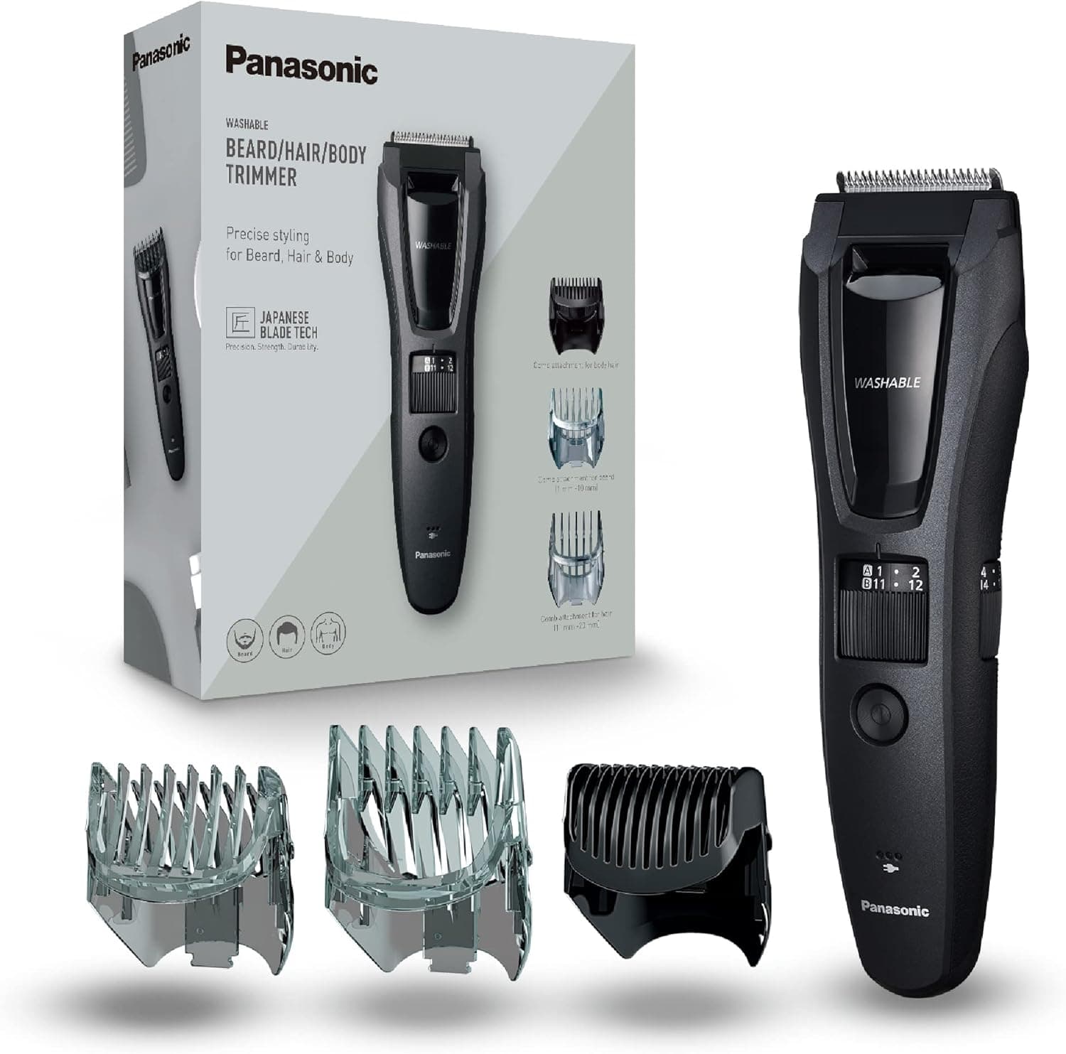 Panasonic ER-GB62-H503 Trimmer de barba, cabelo e cabelo corporal para homens, máquina de barbear portátil, 39 configurações de comprimento, 3 acessórios, operação sem fios e com cabo, cinzento mate
