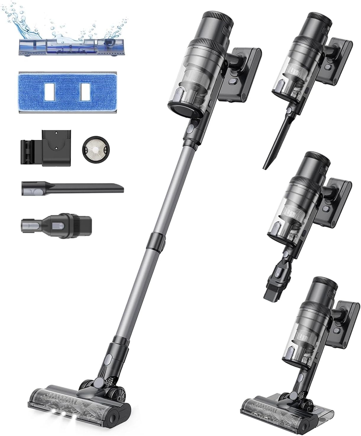 Proscenic Aspirador sem cabo 35 KPA/500 W/50 Min, aspirador e esfregue 2 em 1, potente e vertical, tanque de água 340 ml, aspirador vassoura anti-enredos para tapetes/cortinas/pelos de animais de