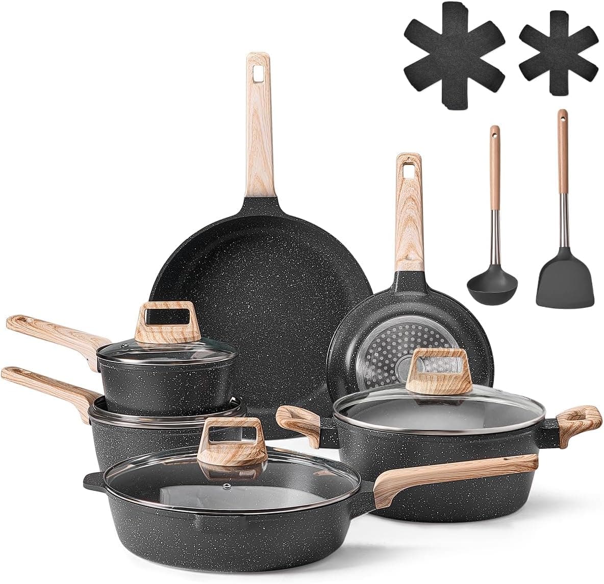 VEVOR Conjunto de panelas e frigideiras anti-aderentes, 17 peças, de granito para cozinha de indução, adequado para RV, com tampas de vidro temperado e protetores para panelas, adequado para fogão