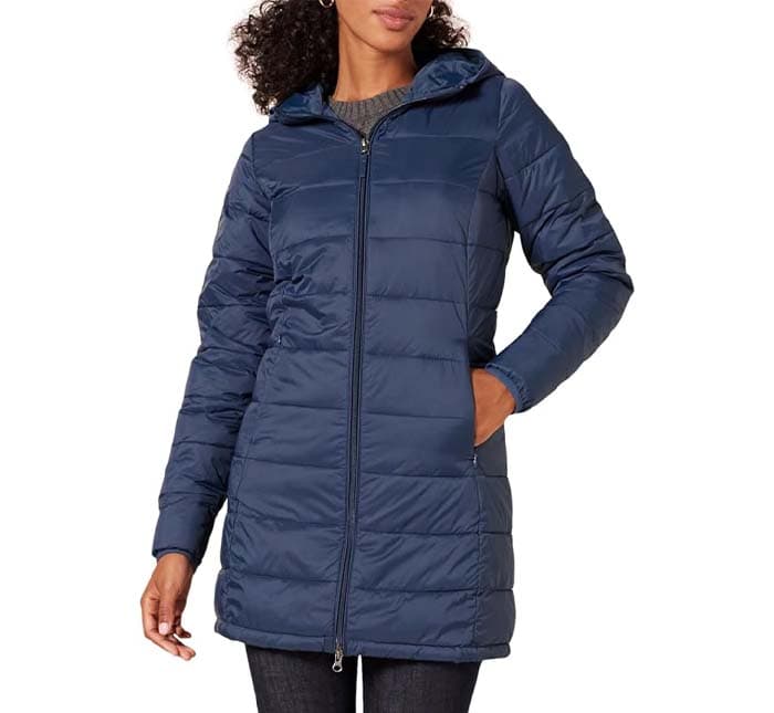 Amazon Essentials Casaco acolchoado leve e resistente à água com capuz e fecho de correr completo para mulher