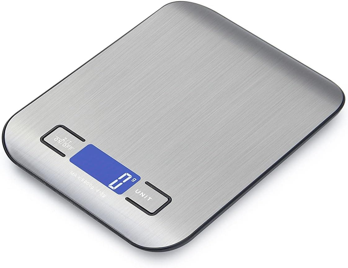 Herzberg HG0413, balança de cozinha eletrónica, capacidade de 5 kg, ecrã LCD, várias unidades, função de contagem, indicador de sobrecarga/bateria baixa, funciona com pilhas AAA (não incluídas)