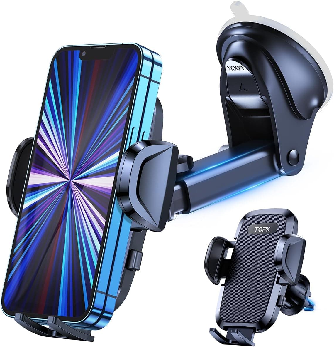 TOPK Suporte móvel para carro, suporte de carro móvel para pára-brisas e salpicos e grelhas do ar e mesa com braço ajustável rotação 360° e botão de libertação rápida para iPhone Samsung Xiaomi etc.