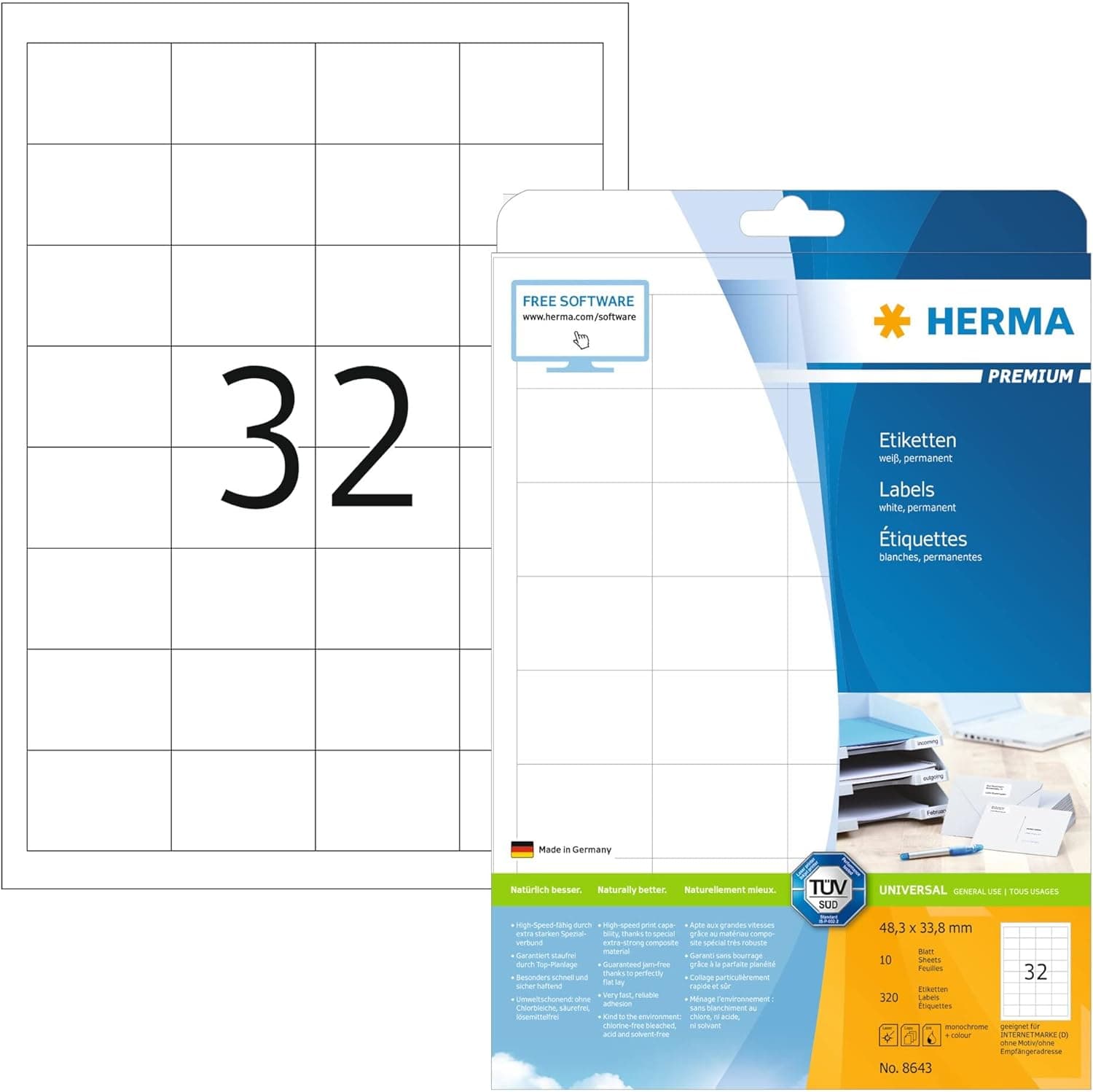 Herma 8643_ A4, 48,3 x 33,8 mm, conjunto de 320 etiquetas