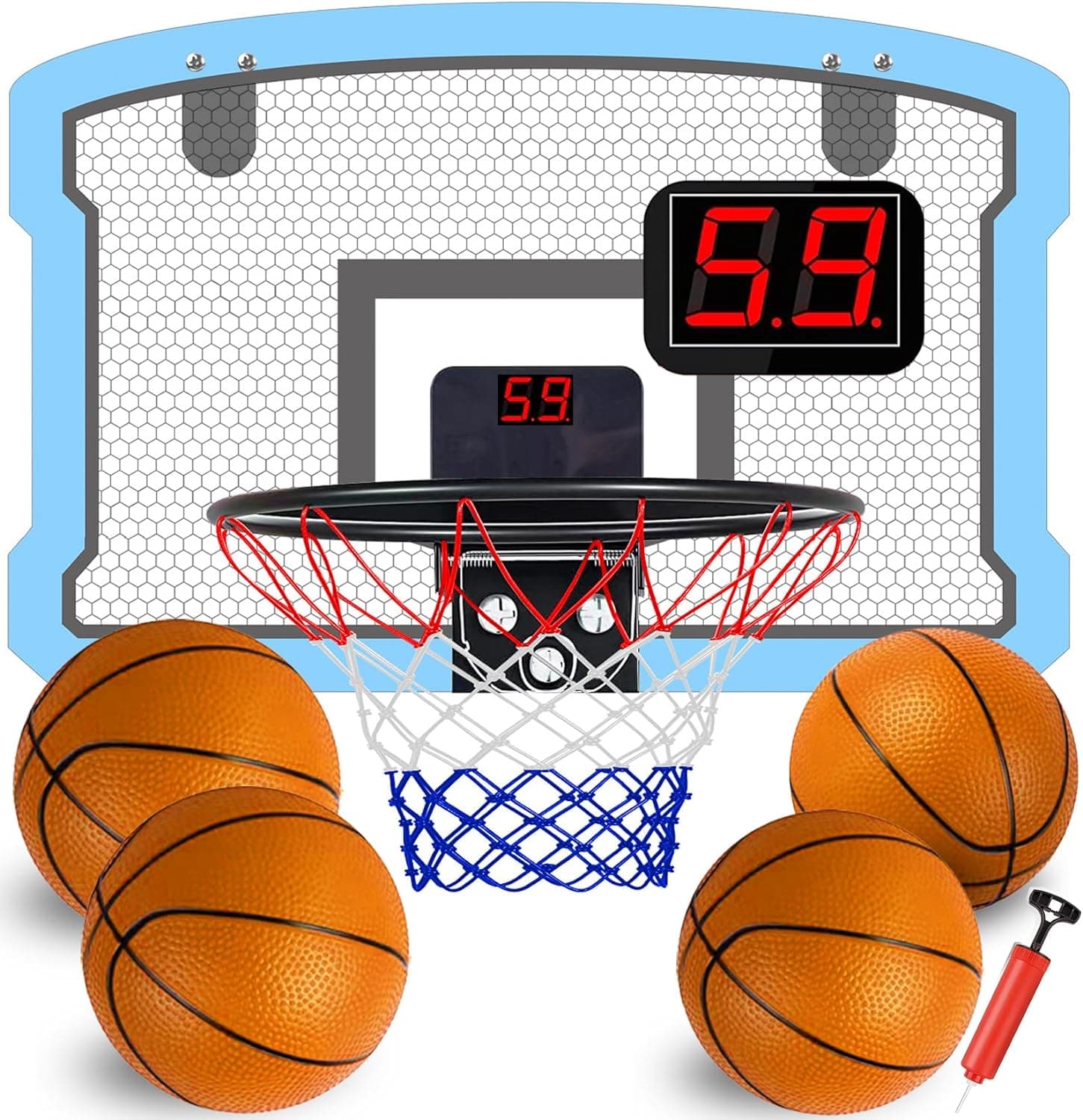 TEUVO Cesto de basquetebol infantil com 4 bolas brinquedo crianças 5 6 8 10 anos, mini cesta de basquetebol interior para porta quarto placas basquetebol mini hoop marcador eletrónico jogo presente