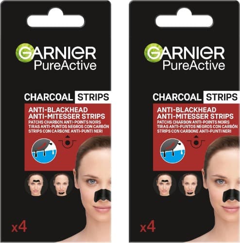 Tiras de carvão GARNIER Skin Active PureActive para pontos negros, borbulhas e poros do nariz - 4 tiras x 2