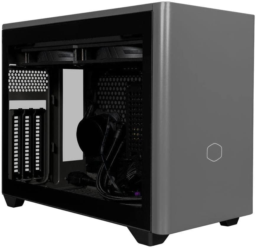 Cooler Master MasterBox NR200P MAX Mini-ITX caixa de PC - painel de vidro temperado, refrigeração CPU AIO 280 mm, PSU SFX Gold 850 W 80-PLUS (totalmente modular), suporte GPU vertical c/ cabo Riser