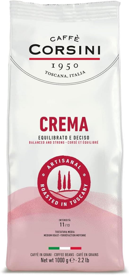 Caffè Corsini - café em grão de 1 kg, creme, mistura arábica e robusta, torrado médio, sabor equilibrado e determinado, origem Américas, Ásia e África