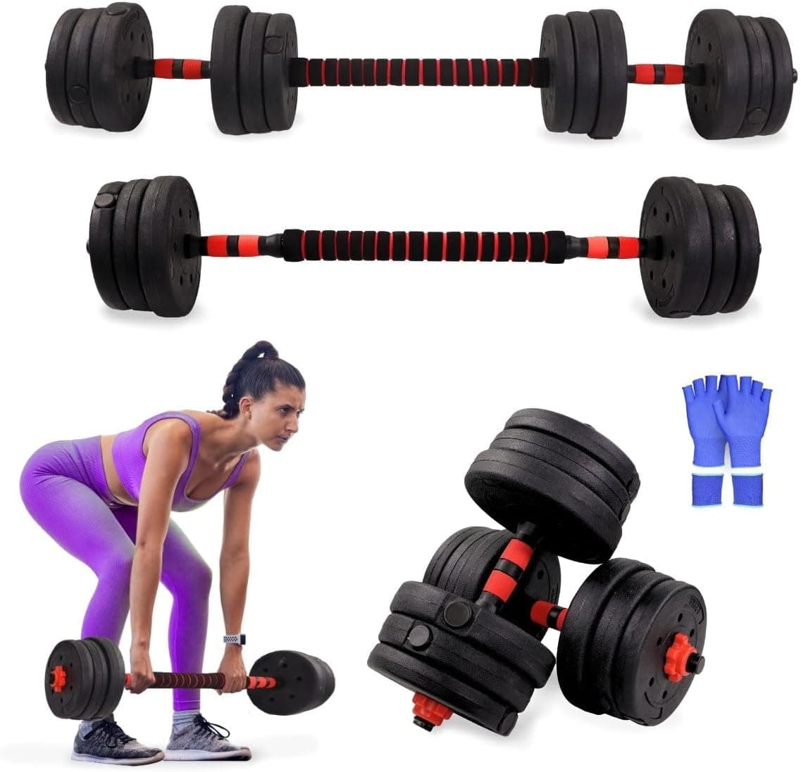 Mobiclinic® Fitness, punhos ajustáveis, 2 em 1, ExtenFit, peso de 2 a 20 kg, inclui halteres e barra de extensão acolchoada, porcas antiderrapantes, aço resistente, ginásio em casa 