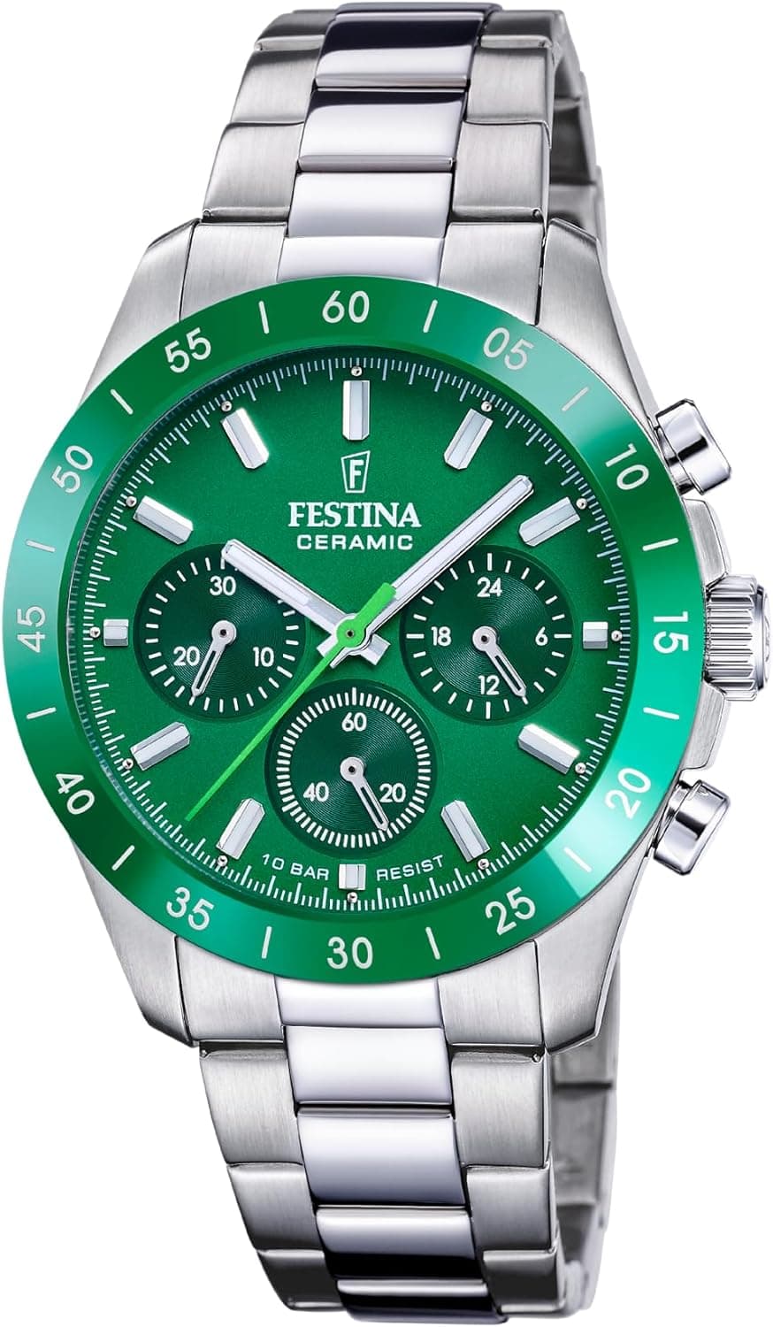 Festina Relógio unissexo F20693/5 Ceramic caixa de aço inoxidável 316 l prateado correia de aço inoxidável 316 l prateado, verde, pulseira