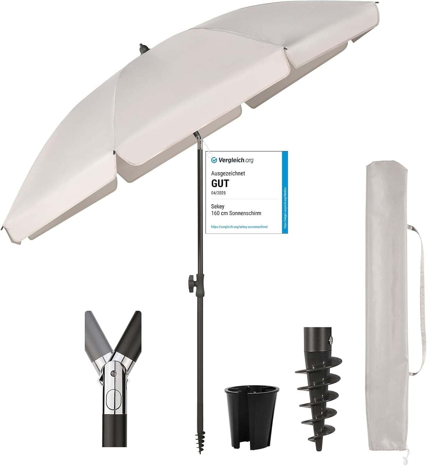 Sekey® Guarda-sol de praia estável de 160 cm, com tampa de chão e capa protetora para varanda, jardim e terraço, ângulo de inclinação e altura ajustáveis, proteção solar redonda UPF 50+, Bege