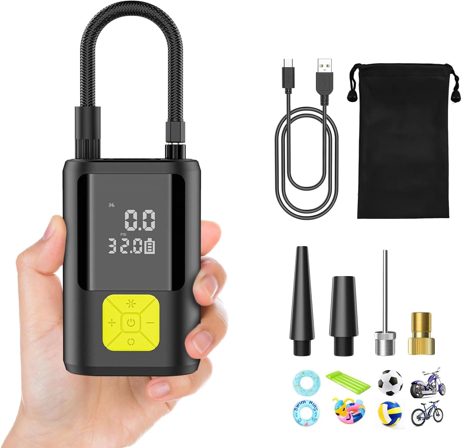 6000 Mah Compressor de ar portátil, 150 PSI insuflável rodas carro mini bomba de ar bicicleta elétrica com ecrã LCD digital e lanterna LED, com 4 bicos para carros, motas, bolas de bicicleta